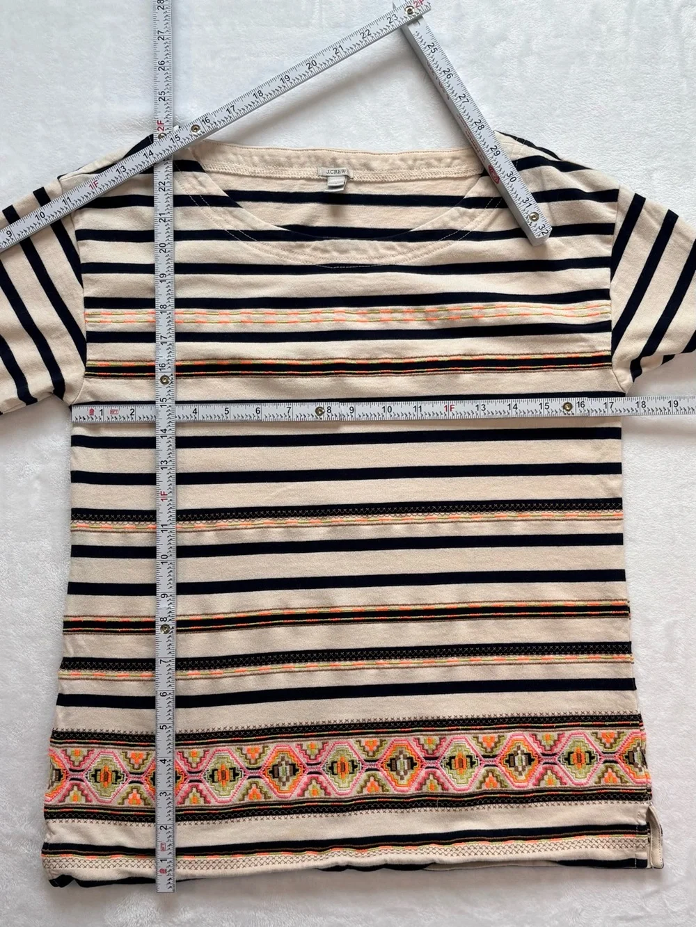 J.CREW Embroidered Breton Stripe Boatneck Top Navy Cotton 3/4 Sleeve Small